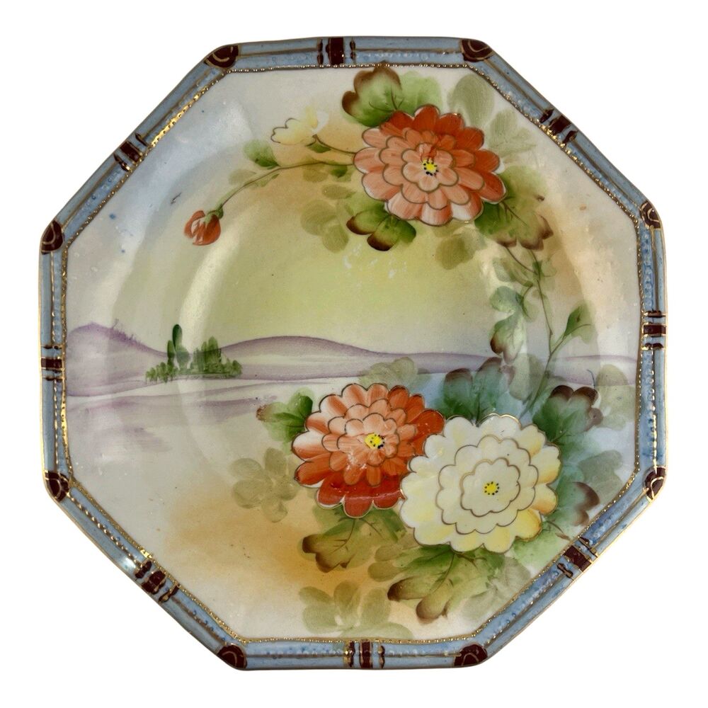 Vintage Te-Oh Octagon Serving Bowl Hand Painted Nippon Lily Pad Floral Water